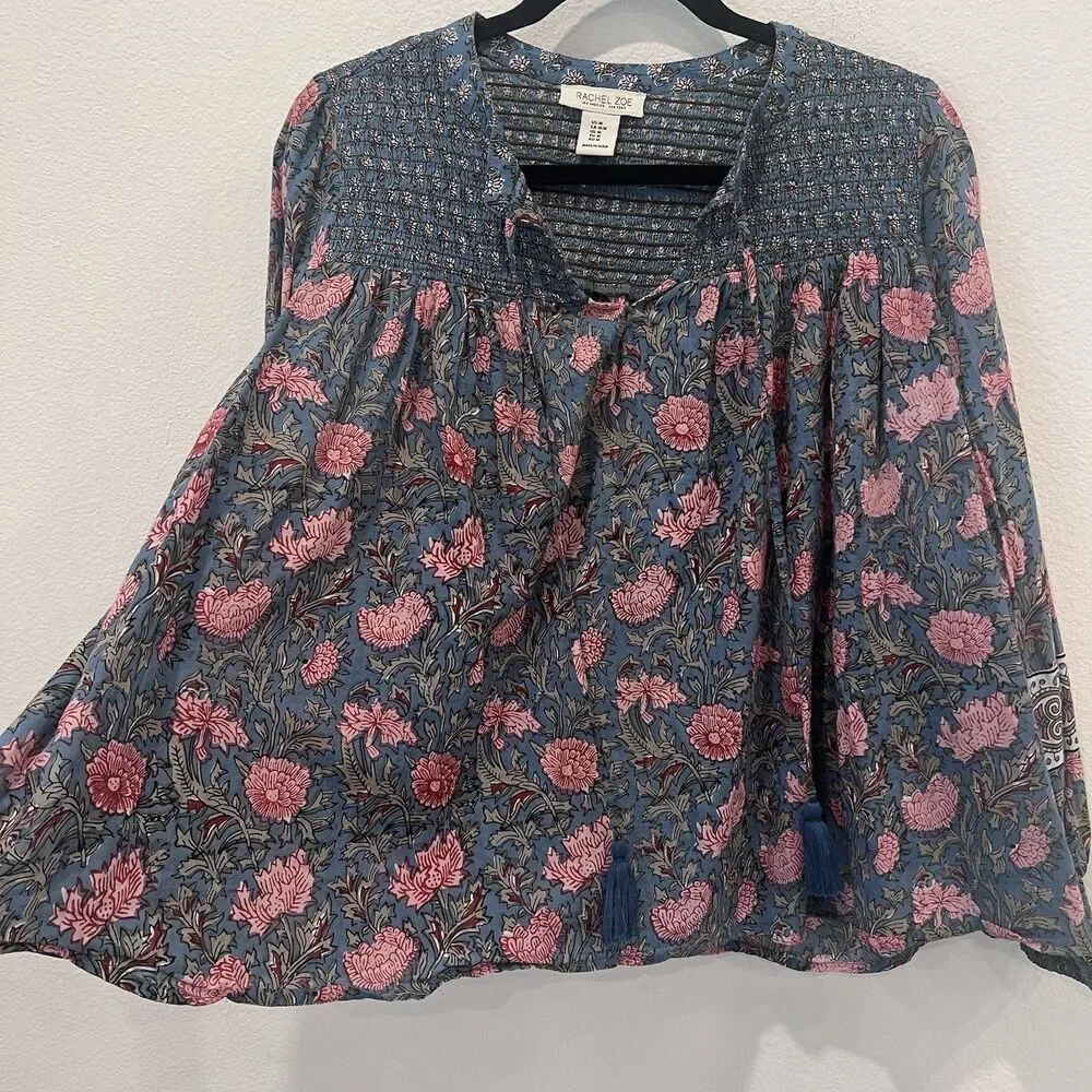 Rachel Zoe Women's Cotton Split Neck Peasant Blouse Floral Medium Boho Cottage - Picture 4 of 10